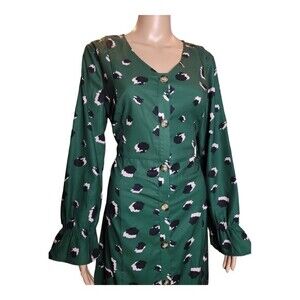 Journey Five Women's V Neck Shift Dress Patterned Button Long Sleeve Green Large